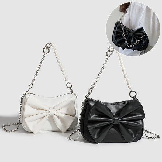 Black White PU Bow Handbags Autumn Winter Ladies